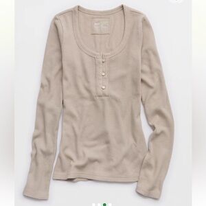 Aerie Essential Henley Layering T-Shirt Long Sleeve Taupe Tan S